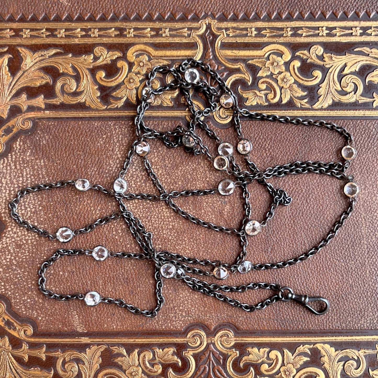 Antique Gunmetal Long Guard Chain w/ Paste Stones