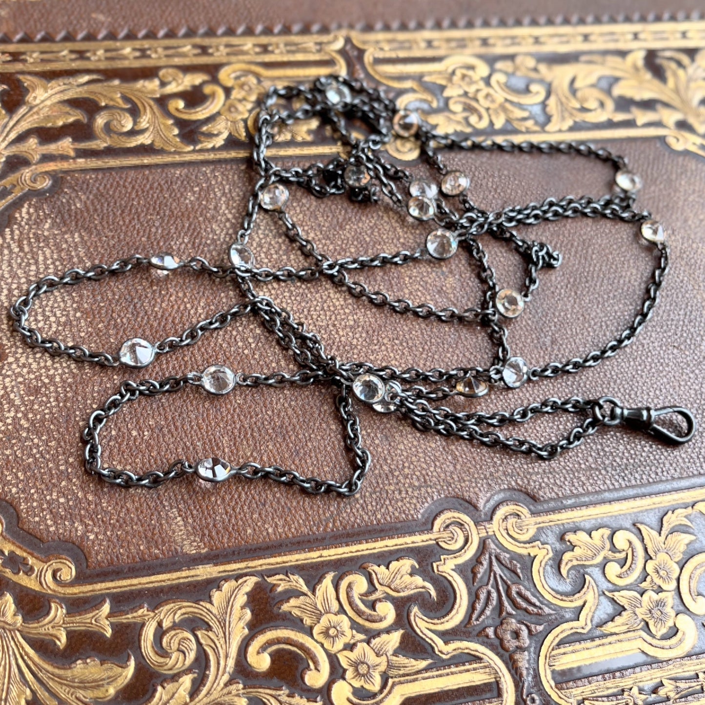 Antique Gunmetal Long Guard Chain w/ Paste Stones