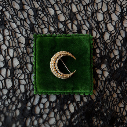 Victorian 15k Gold Pearl Crescent Moon Brooch