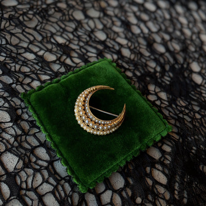 Victorian 15k Gold Pearl Crescent Moon Brooch