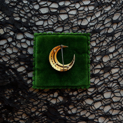 Victorian 15k Gold Pearl Crescent Moon Brooch