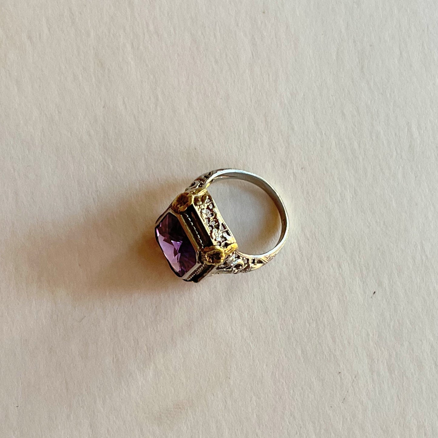 c. 1920s-1930s 14k White + Yellow Gold Amethyst Ring