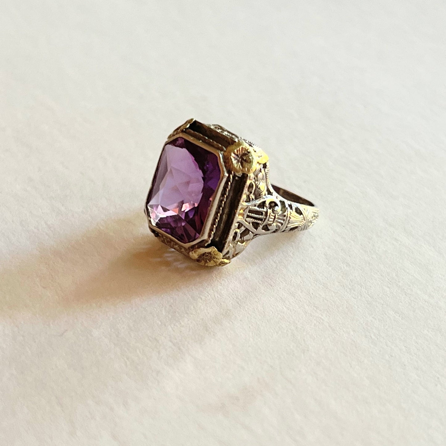 c. 1920s-1930s 14k White + Yellow Gold Amethyst Ring