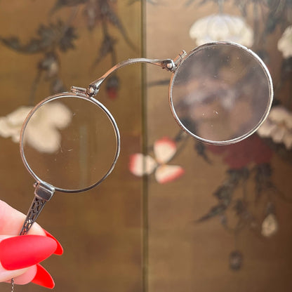 c. 1910s-1920s Sterling Silver Lorgnette + Chain