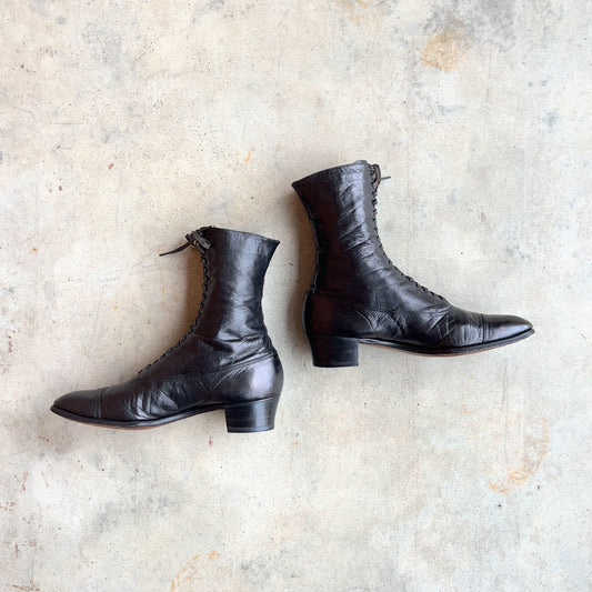 c. 1910s Black Lace Up Boots | Approx Sz 8