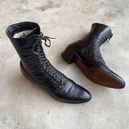 c. 1910s Black Lace Up Boots | Approx Sz 8