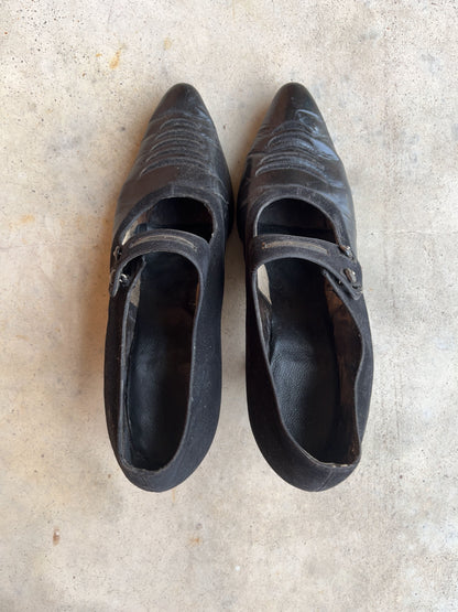 c. 1910s-1920s Black Leather Witchy Heels | Approx Sz 8.5-9