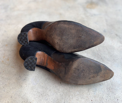 c. 1910s-1920s Black Leather Witchy Heels | Approx Sz 8.5-9