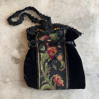 c. 1920s Needlepoint Velvet + Silk Purse