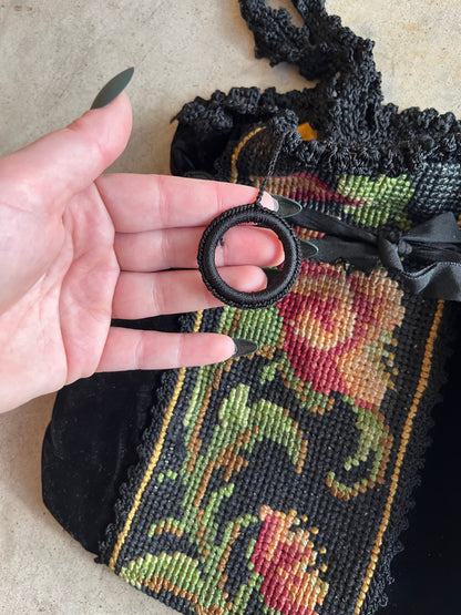 c. 1920s Needlepoint Velvet + Silk Purse