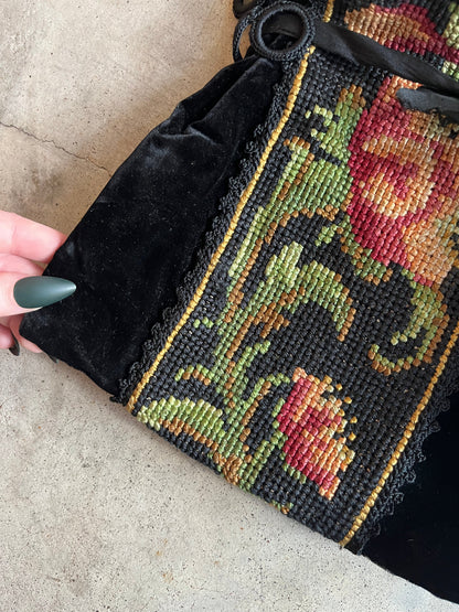 c. 1920s Needlepoint Velvet + Silk Purse