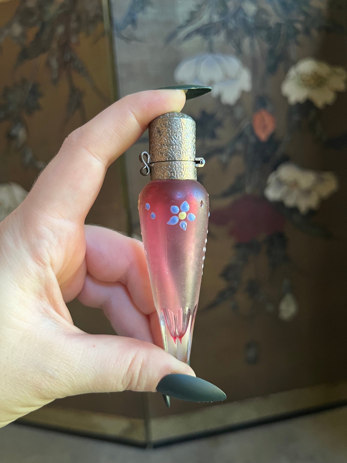 c. 1910s-1920s Pink Frosted Glass Perfume Bottle