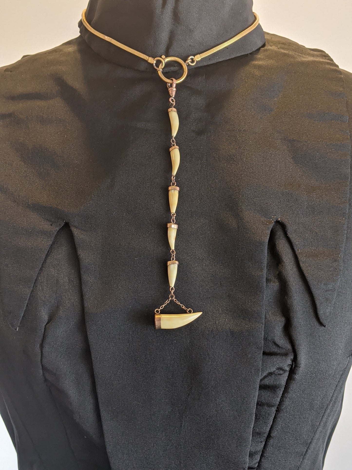 Victorian Bone Tooth Watch Fob Chain with Dog Clip