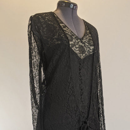 1930s Black Lace Long Sleeve Evening Gown