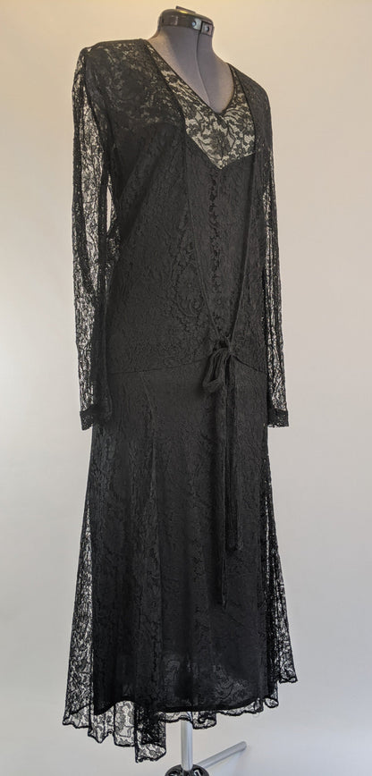 1930s Black Lace Long Sleeve Evening Gown