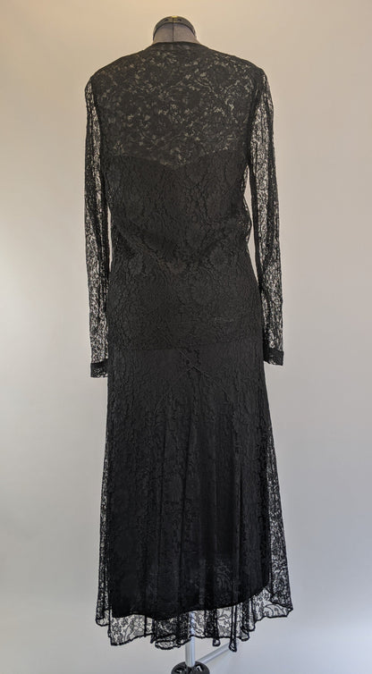 1930s Black Lace Long Sleeve Evening Gown