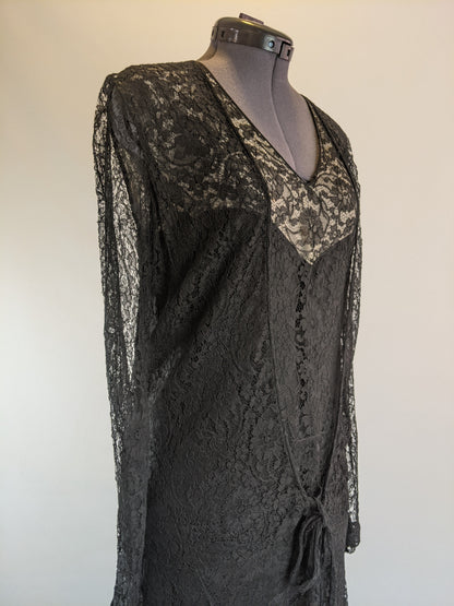 1930s Black Lace Long Sleeve Evening Gown