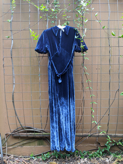 1930s Blue Velvet Bias Cut Gown | XS - S