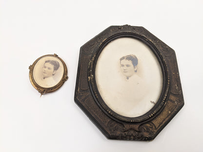 Victorian Brooch + Matching Framed Photo of Woman