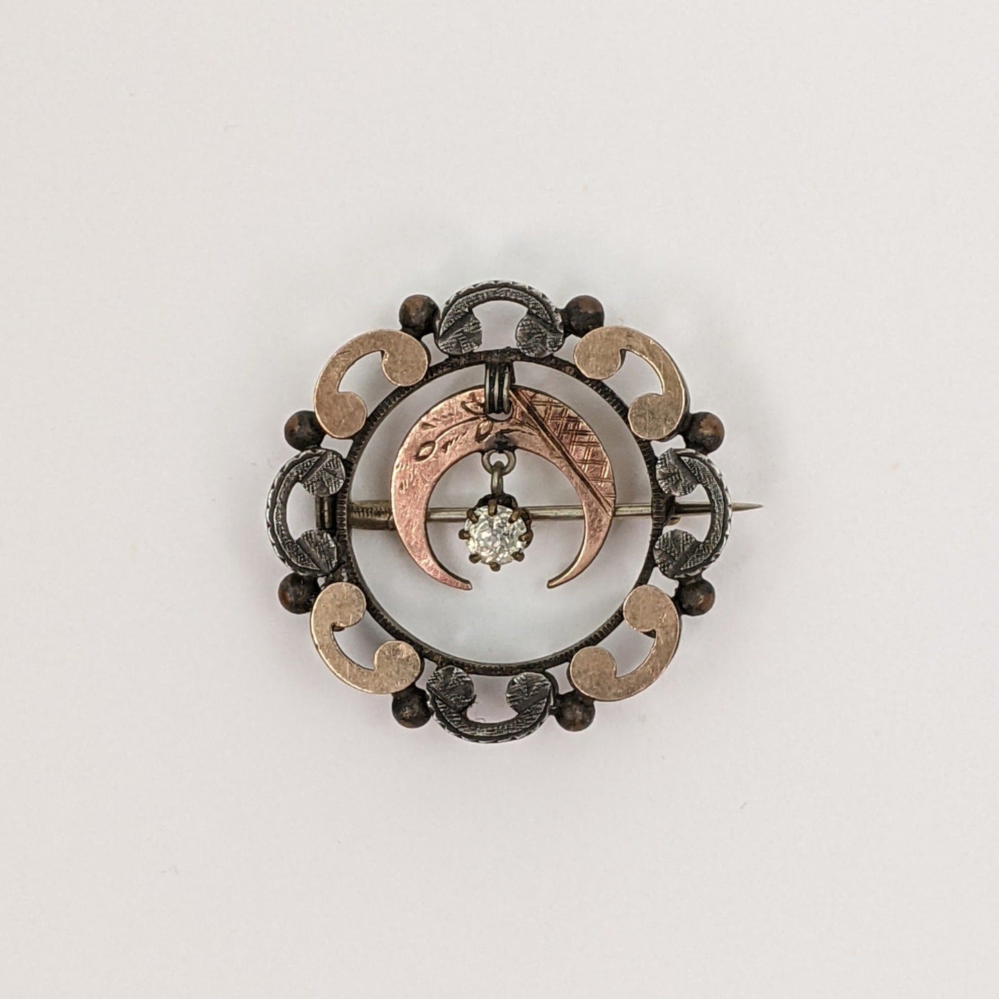 1890s Crescent Moon Brooch | Gold + Silver