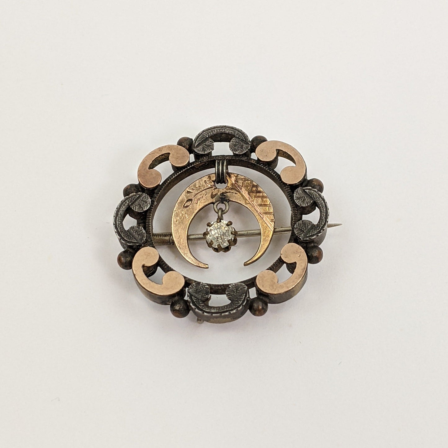 1890s Crescent Moon Brooch | Gold + Silver