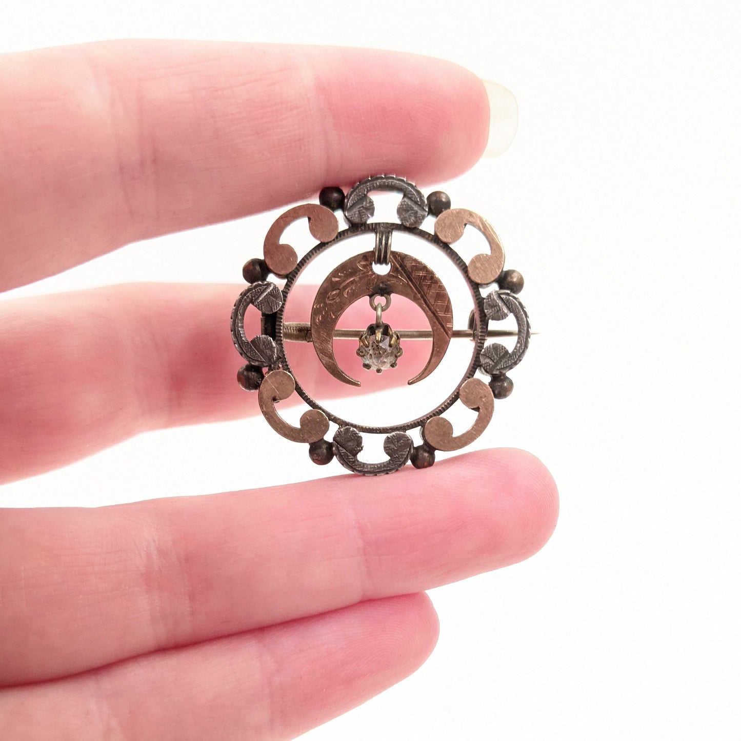 1890s Crescent Moon Brooch | Gold + Silver