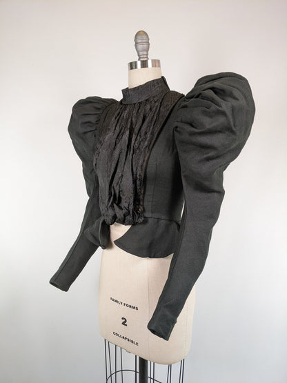 1890s Black Gigot Sleeve Bodice | Wool + Silk