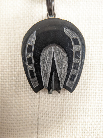 Carved Jet Horseshoe Demi-Parure Earrings + Pendant