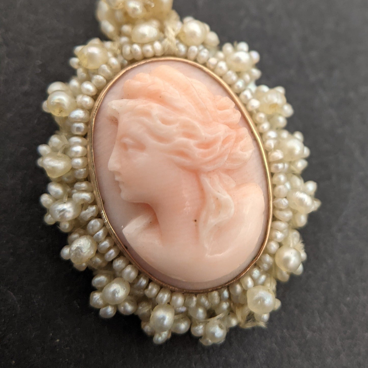 19th C. Seed Pearl Angel Skin Coral Cameo Necklace