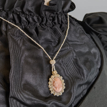 19th C. Seed Pearl Angel Skin Coral Cameo Necklace