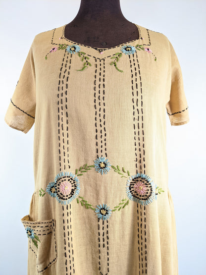 1920s Embroidered Handmade Dress | Sz L