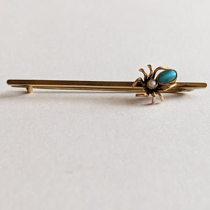 1900s 9k Gold Spider Brooch | Turquoise + Pearl