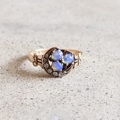 Turn of the Century 14k Diamond Opal Moon Ring