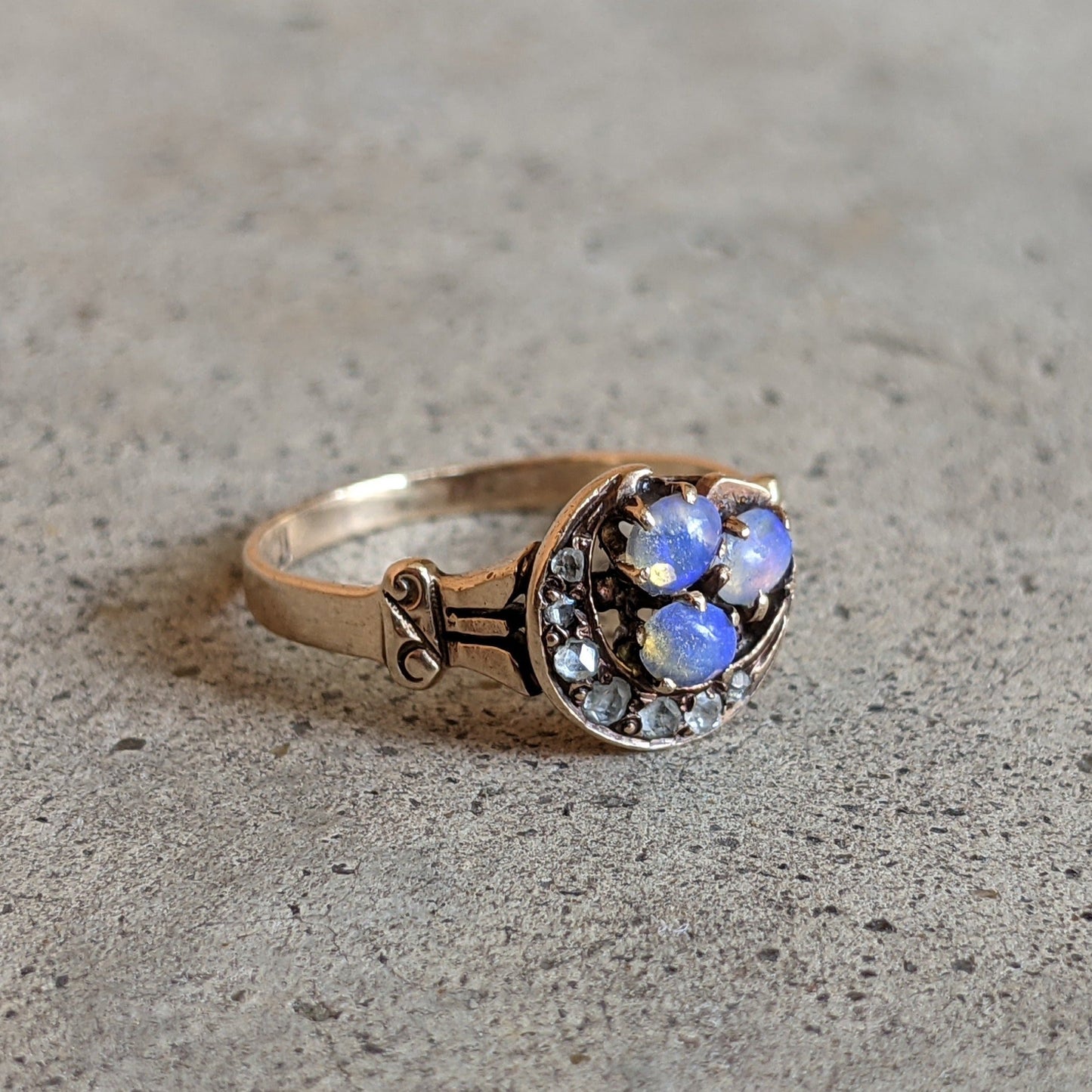Turn of the Century 14k Diamond Opal Moon Ring
