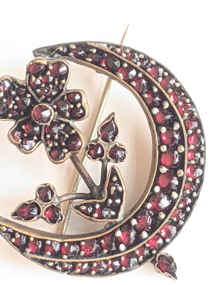 1890s Bohemian Garnet Flower Moon Brooch