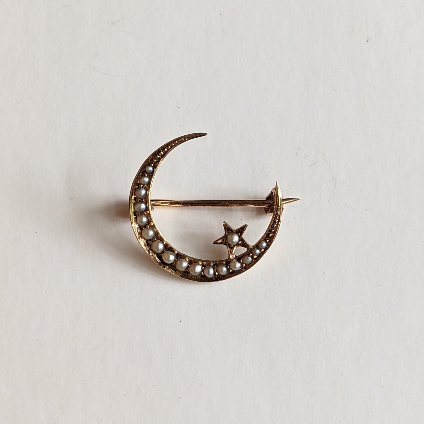 1910s 14k Gold Crescent Moon + Star Brooch