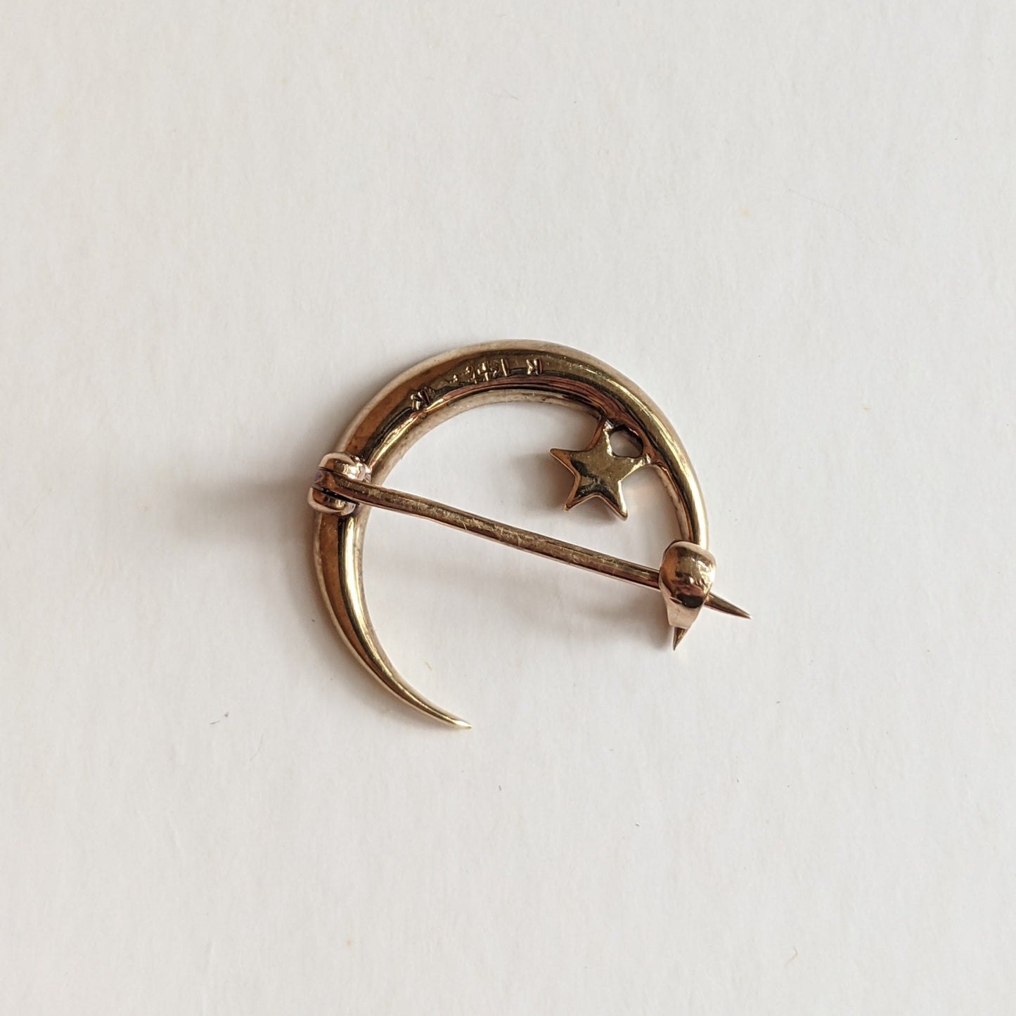 1910s 14k Gold Crescent Moon + Star Brooch