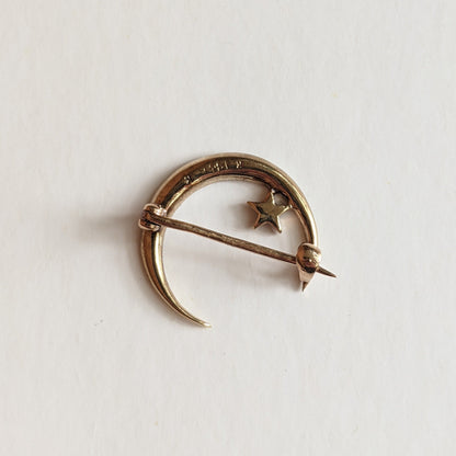 1910s 14k Gold Crescent Moon + Star Brooch