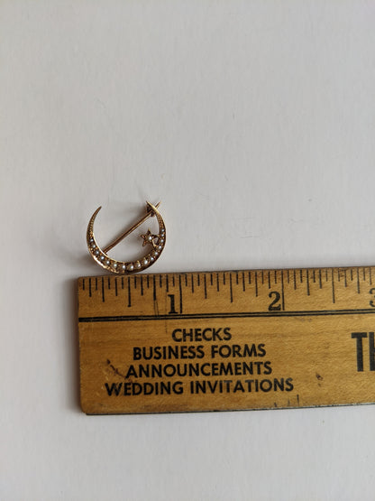 1910s 14k Gold Crescent Moon + Star Brooch