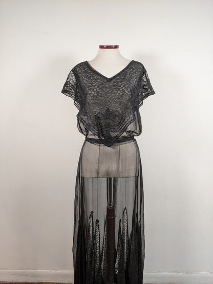 1930s Black Silk + Lace Dress