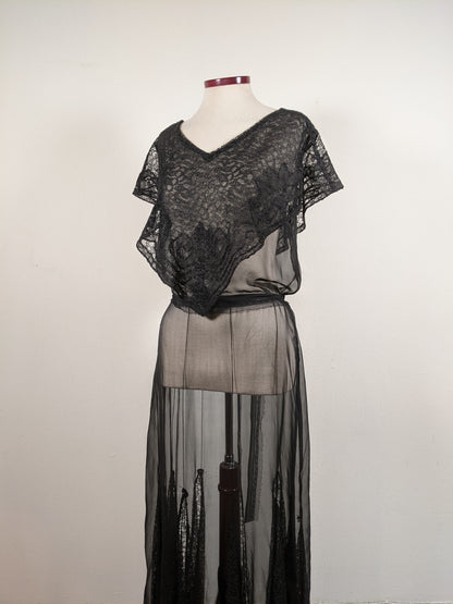 1930s Black Silk + Lace Dress