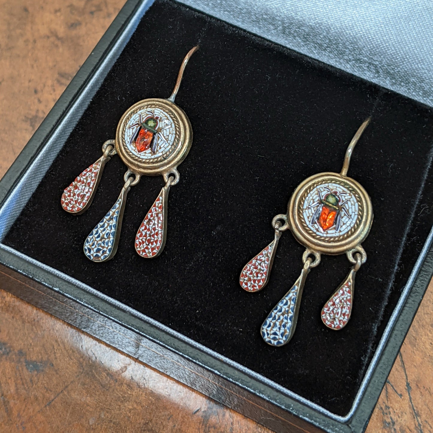 19th c. Micromosaic Beetle Earrings