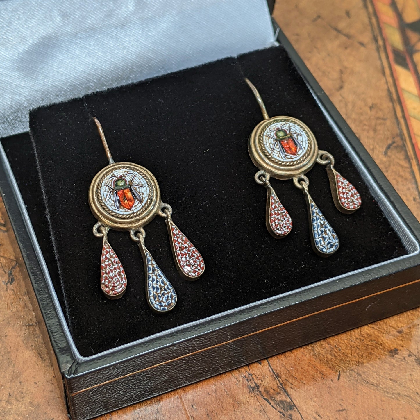 19th c. Micromosaic Beetle Earrings