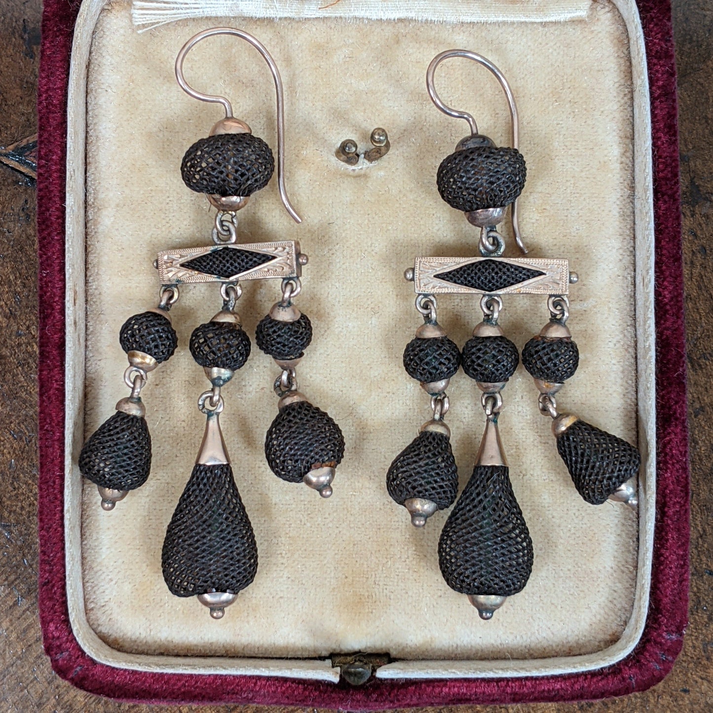 1870s 14k Gold Hairwork Earrings