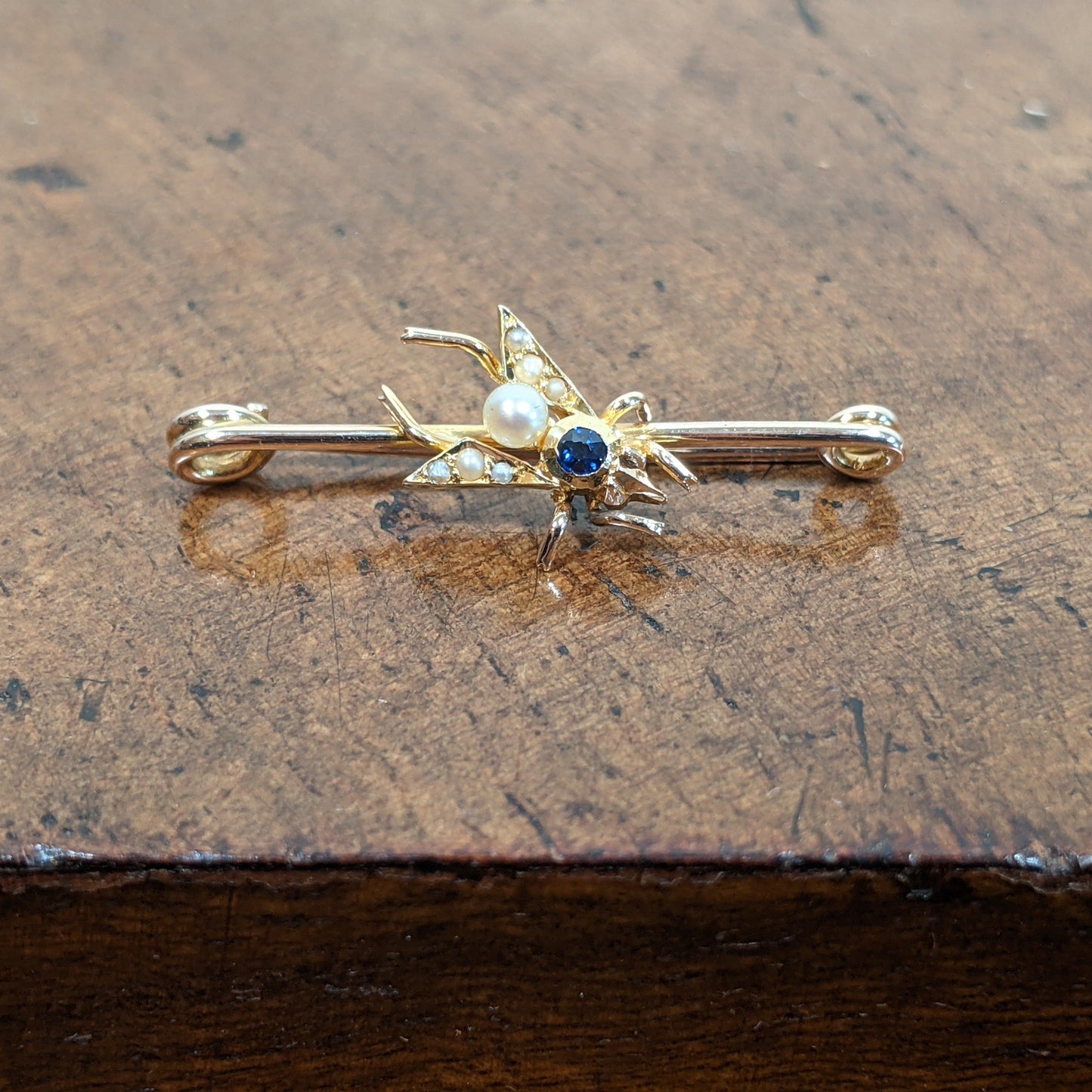 1900s 14k Sapphire + Pearl Fly Pin
