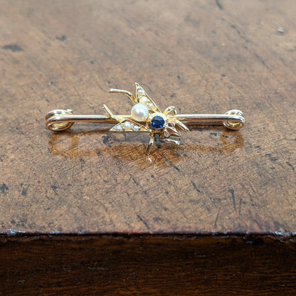 1900s 14k Sapphire + Pearl Fly Pin