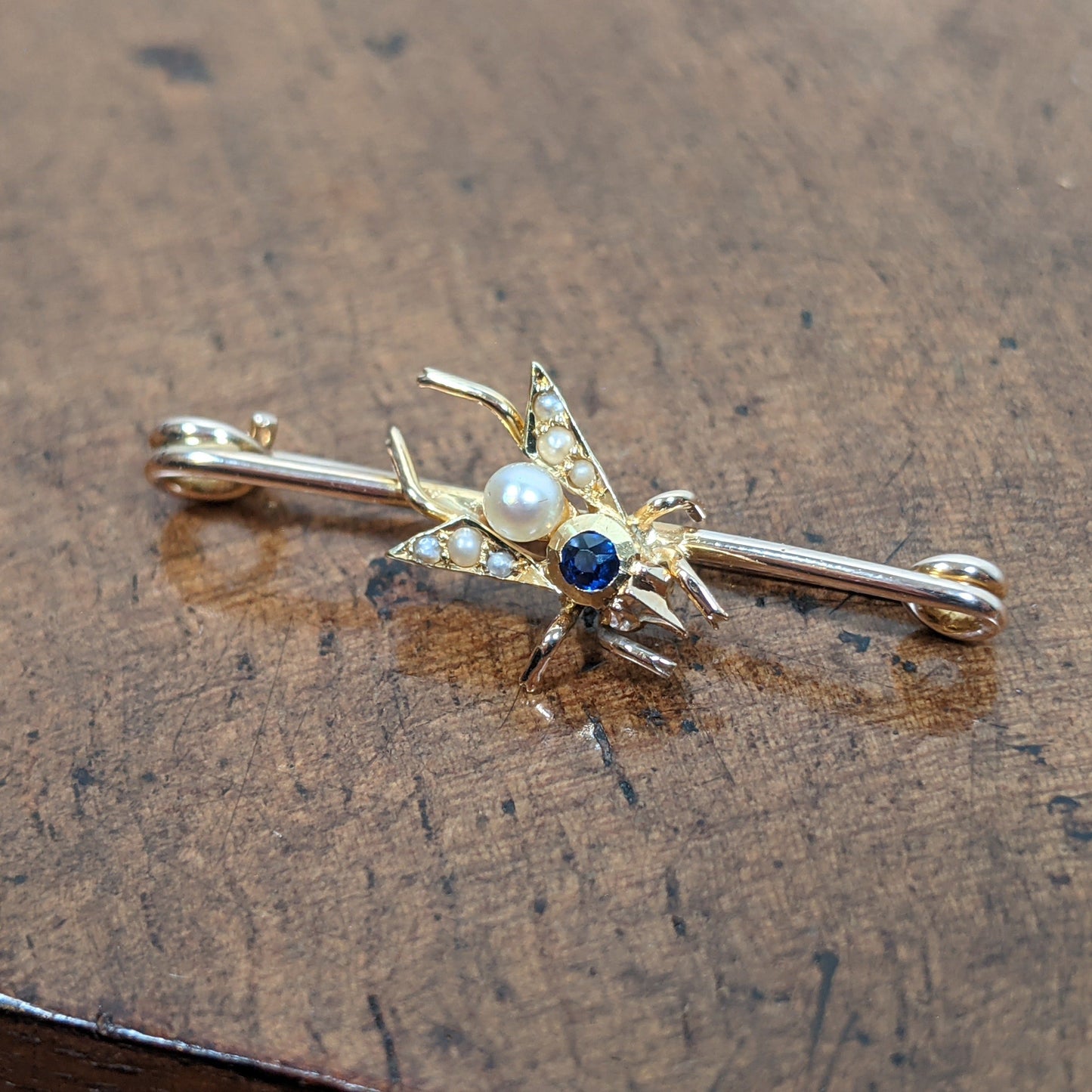 1900s 14k Sapphire + Pearl Fly Pin