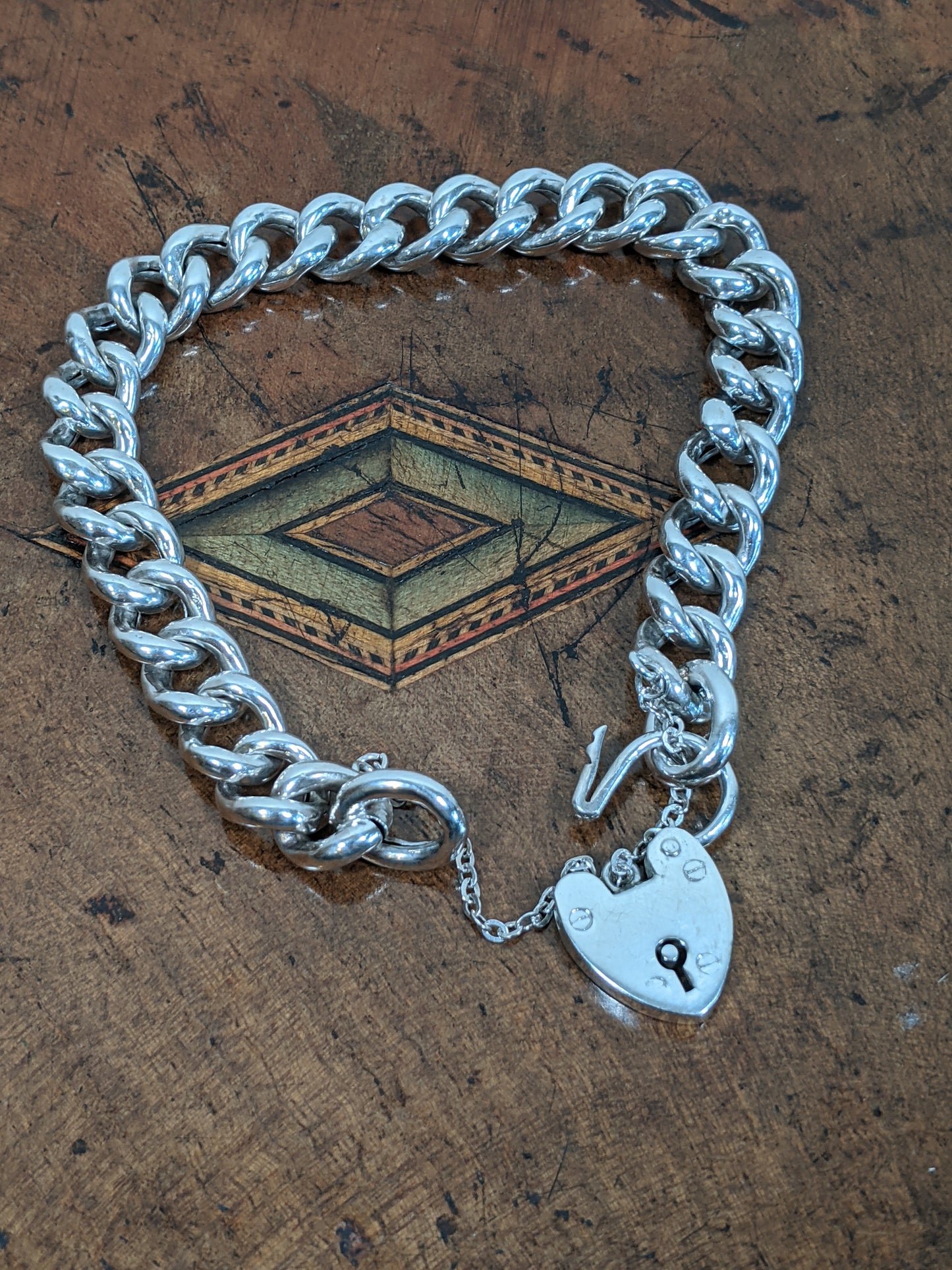 1907 Sterling Silver Curb Bracelet + Heart Lock