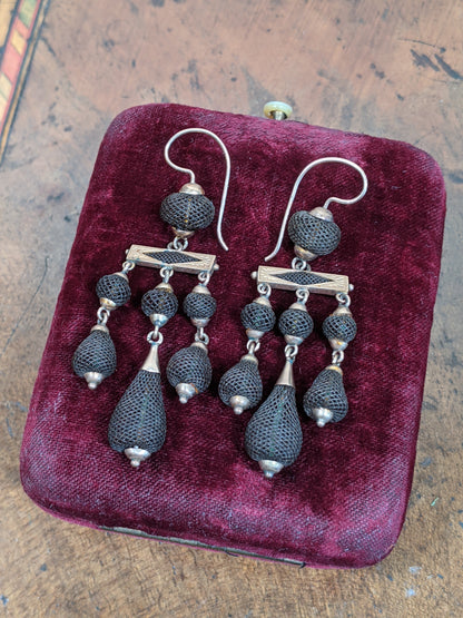 1870s 14k Gold Hairwork Earrings