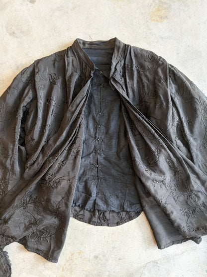 1900s Black Silk Bishop Sleeve Wrap Blouse